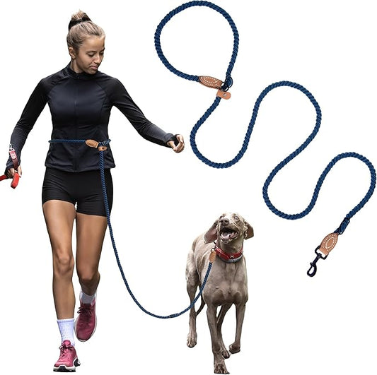 Mile High Life Hands Free Dog Leash, Crossbody Waist Leash with Genuine Leather Connection, Multifunctional Adjustable Slip Lead for Dog Walking Running (Navy Blue, MF)