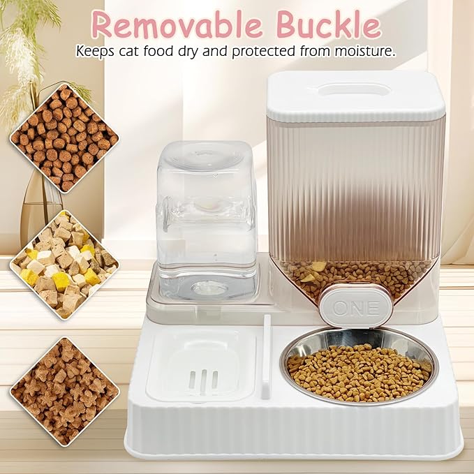 Fhiny Gravity Cat Feeder & Water Dispenser, 2 in 1 Automatic Puppy Waterer Removable Stainless Steel Food Bowls Set Self Feeding Pet Food Storage for Cat Kitten Puppy Easy Clean (White)