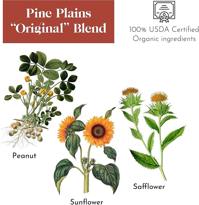 Flying Colors Premium Organic Wild Bird Seed | Pine Plains Original for Outside Feeders | 100% USDA Organic | No Fillers, No Pesticides | Sunflower, Peanut, Safflower | 3 Gallon