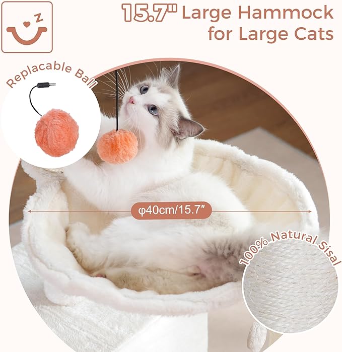 Flower Cat Tree 34" Scratching Post Small Cat Tower for Large Cats,Featuring with 15.7”Large Hammock, Removable Top Bed and Wide Condo for Indoor Cats-Beige