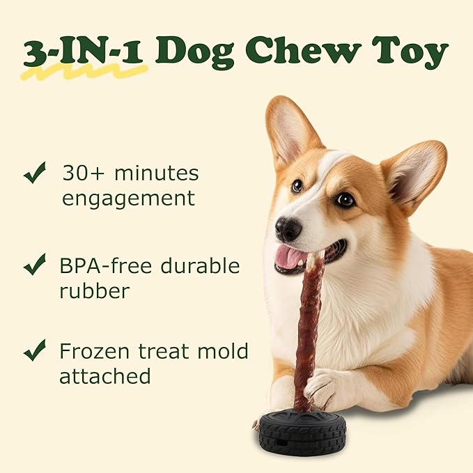 3-in-1 Dog Treat Toy for Aggressive Chewer, Natural Rubber Dog Puzzle, Bully Stick Holder, Frozen Treat Dispensing Toy for Small Medium Large Breeds