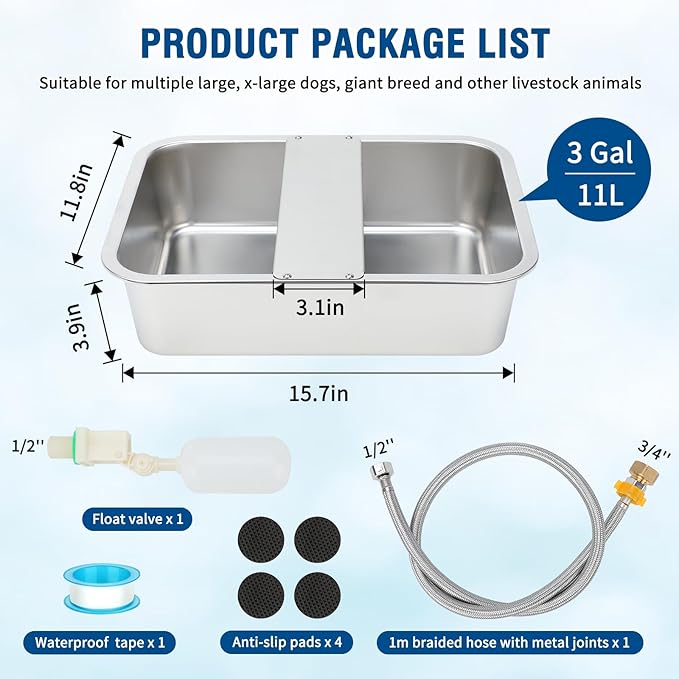 BWOGUE 3 Gal Automatic Dog Water Dispenser for Large Dogs Stainless Steel Outdoor Water Bowl Large Breed Self Filling Dog Waterer Feeder for Dogs Cat Chicken Livestock