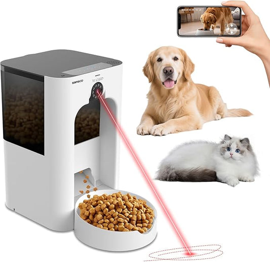 SANSCO Automatic Cat Feeder with Camera: Automatic Dog Feeder, 2MP Video Recording Timed 2.4 & 5GHz WiFi App Control Pet Feeder Dispenser for Cat Dog, Rotates Up and Down, 4L