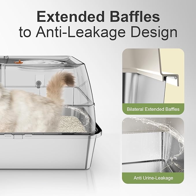 Stainless Steel Cat Litter Box with Lid, XL Extra Large Kitty Litter Box, Enclosed Top Entry Metal Litterbox for Big Cats, Easy Cleaning, Anti-Leakage & High Sided with Mat, Aisle & Scoop, Beige