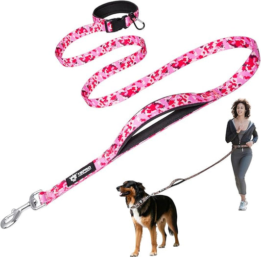 TSPRO Hands Free Dog Leash for Medium to Large Dogs, Adjustable Durable Leash with Comfortable Safety Padded Handle, Heavy Duty Metal Clasp for Walking, Running, Training (Camo Pink 25)