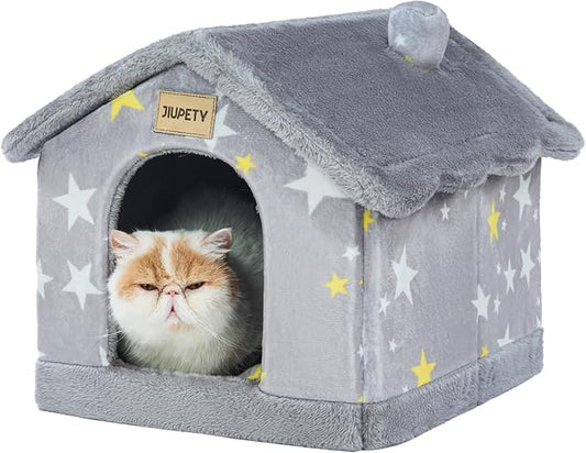 JIUPETY Cute Cat Beds for Indoor Cats, Foldable Cat House with Non-Slip Bottom, S Size Kitten Bed Up to 8 Lbs Kitty, Grey