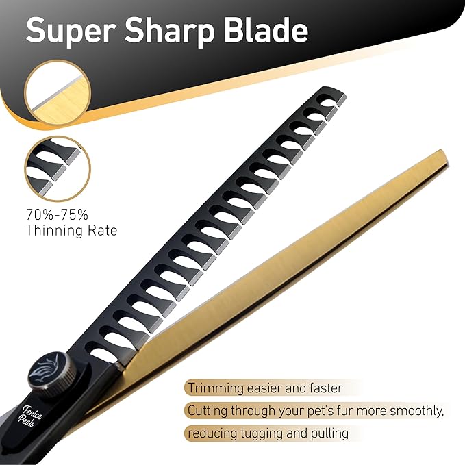 Fenice Peak 7'' Black Dog Grooming Scissors Goldern Chunker Dog Blending Scissors with Ergonomic Offest Handle and Pattern Screw Pet Grooming Thinner Blender Shears Durable and Sharp 440C