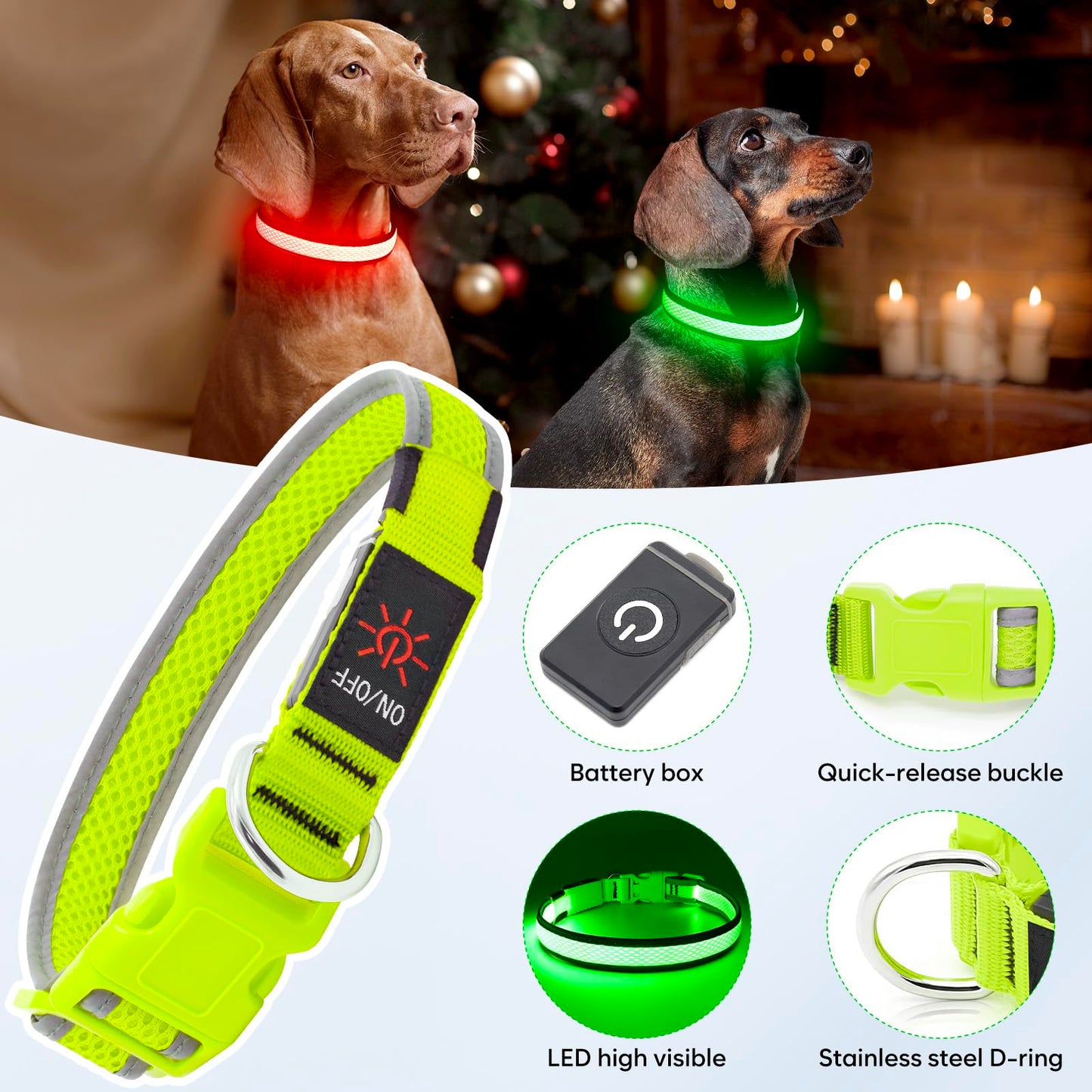 Flashseen LED Dog Collar, Light Up Dog Collar Lights USB Rechargeable, Adjustable Comfortable Soft Mesh Safety Collar for Small, Medium, Large Dogs(Large, Neon Green)