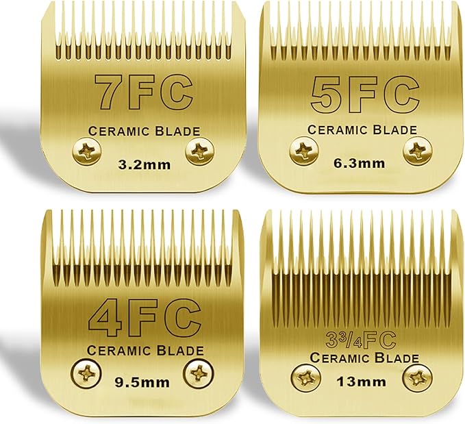 Detachable Pet Dog Grooming Clipper Ceramic Blades Set,Compatible with Andis,Oster A5,Wahl KM10 Series Clippers,Size 7FC/5FC/4FC/3FC 4 Pack,Gold