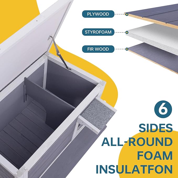 GEGURI Insulated Cat House Outdoor Weatherproof Feral Cat Shelter for Winter Large Wooden Enclosure with Escape Door