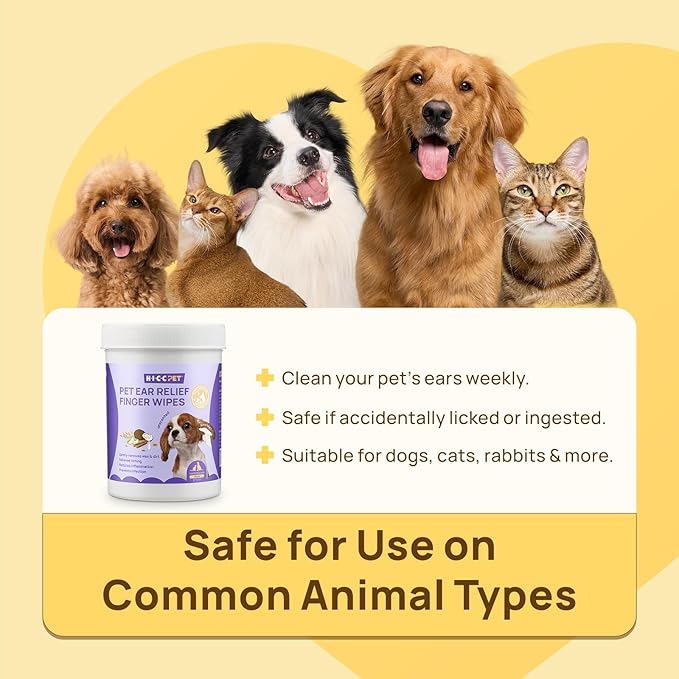 HICC PET Dog Ear Wipes Finger 100 Count Dog Ear Cleaner Wipes for Dogs & Cats, Dog Ear Infection Treatment to Relieve Ear Itching & Inflammation, Remove Ear Wax, Dirt, Smelly - Unscented