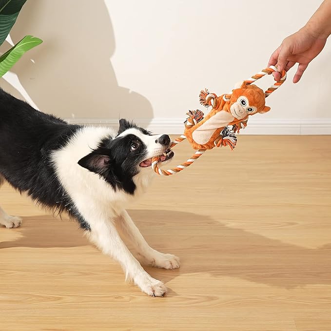 Dog Tug Toys, Stuffed Animal Dog Chew Toy, Cute Puppy Squeaky Dogs Plush Toys with Crinkle Paper for Small, Middle, Large Breed