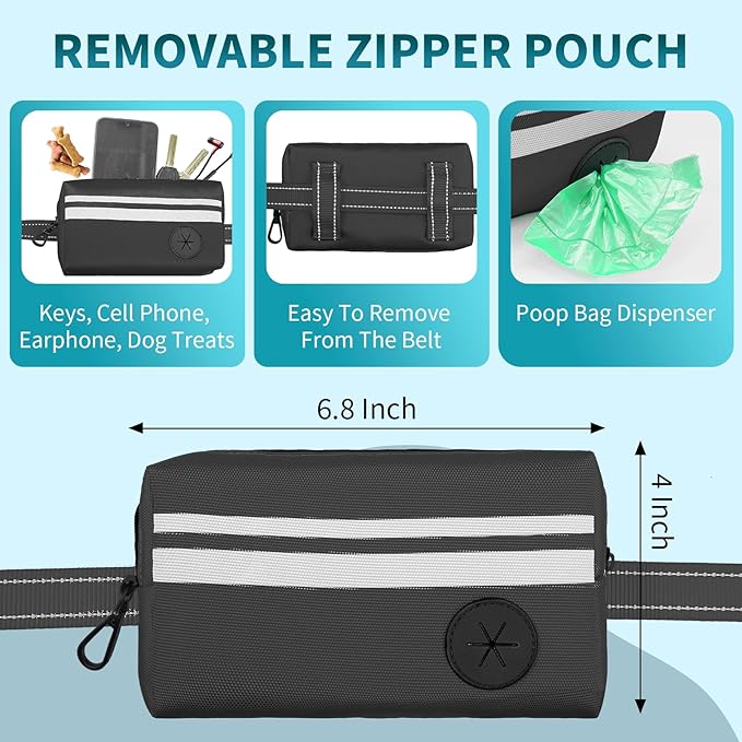 Hands Free Dog Leash with Removable Zipper Pouch, Dual Padded Handles and Durable Bungee for Walking, Jogging and Running-Black