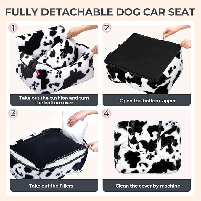 BurgeonNest Dog Car Seat for Small Dogs, Detachable and Washable Cat Carseats Under 25 lbs, Soft Pet Booster Seats with Storage Pockets and Clip-On Leash Portable Car Travel Carrier Bed, Milk Cow