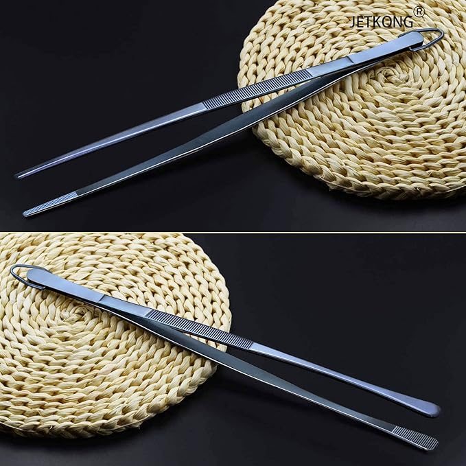 JETKONG 2 Pcs 12-Inch Cooking Tweezer Tongs Stainless Steel Kitchen Tweezers Plating Tongs (Navy Blue)