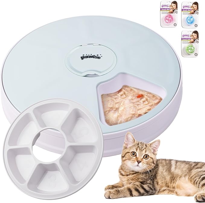 Pawise Automatic Cat Feeder, 6-Meal Programmable Pet Food Dispenser with Bird Chirp Sound Alert, Battery Operated, BPA-Free, Bonus Snack Ball Toy, for Cats & Small Dogs（Batteries Not Included