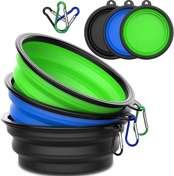 3 Pack Collapsible Dog Bowl Travel Portable Pet Bowls [20oz,600ml],Expandable Foldable Food Water Feeding Dishes for Traveling Hiking Walking,with Carabiners [Black,Blue,Green]