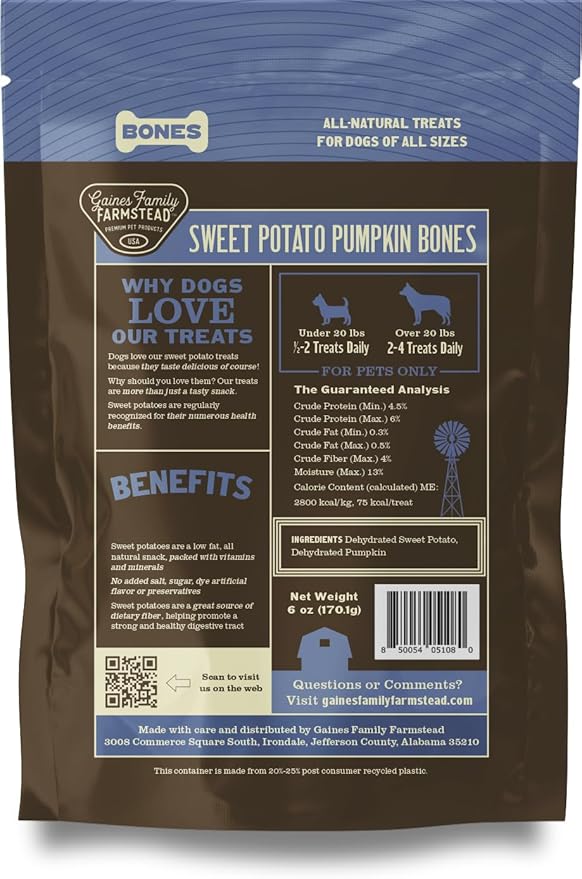 Gaines Family Farmstead Pumpkin & Sweet Potato Dog Bones – 40 oz Bag, Natural, Grain-Free Dog Treats for Digestive Health & Immunity – High-Fiber, Vitamin-Rich Chews, Made in USA