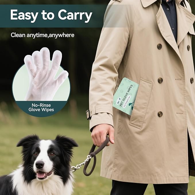 WLP Pet Glove Wipes for Dogs & Cats, Cleaning Deodorizing Hypoallergenic Hydrating Grooming Wipes, Individually Wrapped, Enriched with Aloe & Jojoba Oil for Daily Care, Traveling (12 PCS)