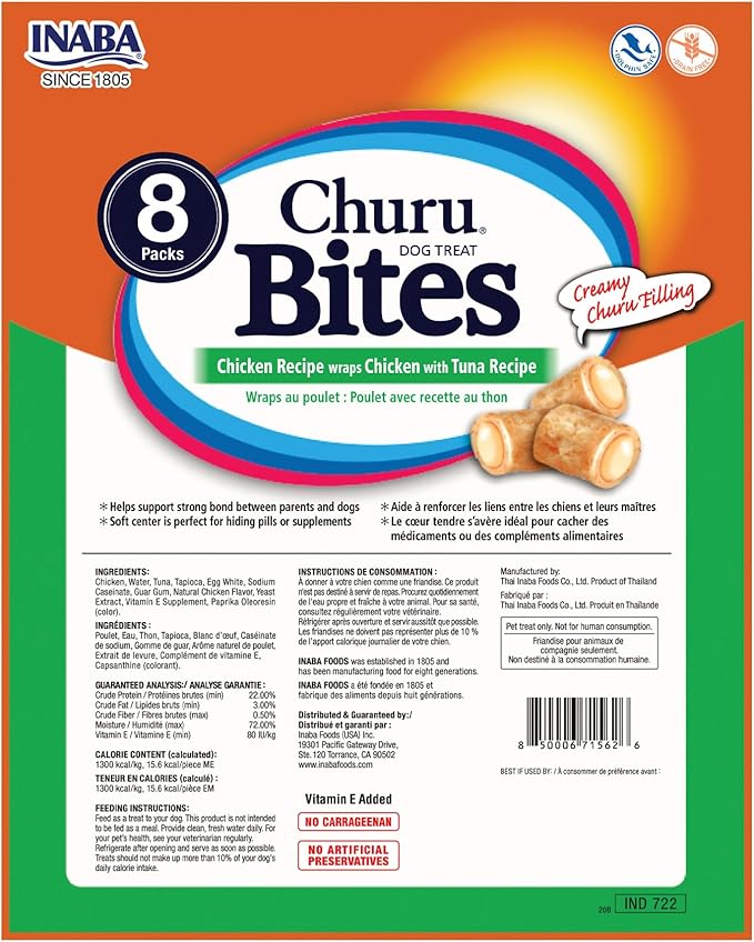 INABA Churu Bites for Dogs, Soft & Chewy Dog Treats, 0.42 Ounces Each Tube, 64 Tubes Total (8 Tubes per Pack), Chicken with Tuna Recipe