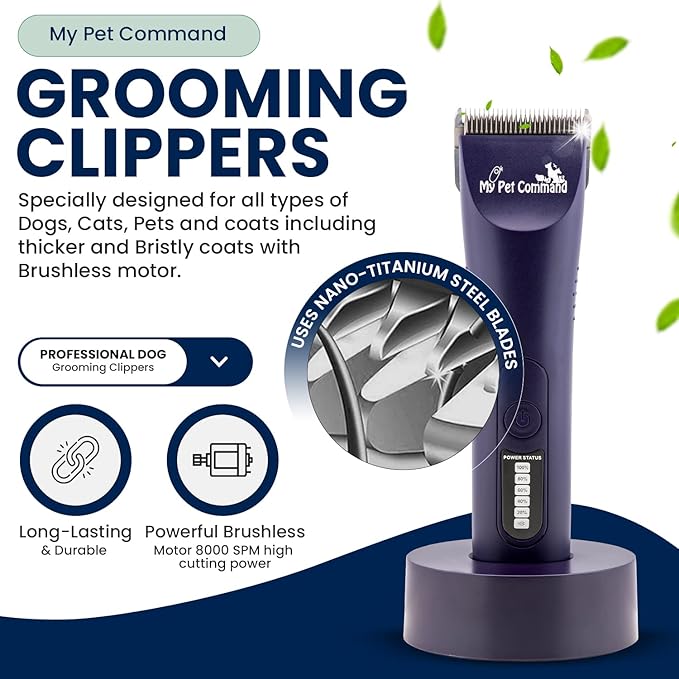 My Pet Command Professional Dog Grooming Clipper, Cordless Hair Trimmer, Brushless Motor, Heavy Duty Kit for Dogs Pets Cats, for Thick Coats, Low Noise, Light Weight