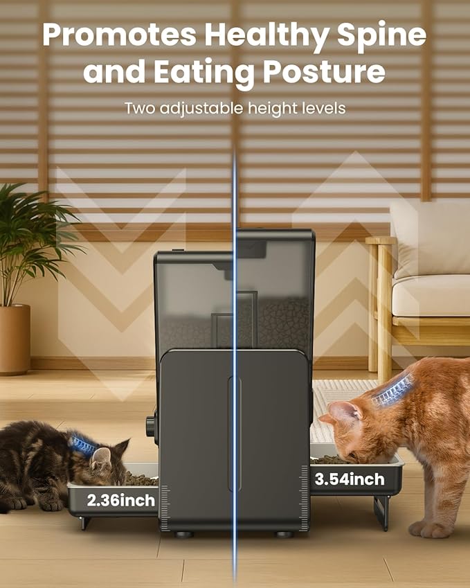 Automatic Cat Feeder for 2 Cats, 5L/20 Cups Food Dispenser with Adjustable Raised Double Bowls, Detachable Control Panel, Timed Cat and Dogs Feeder for Dry Food, Dual Power Supply