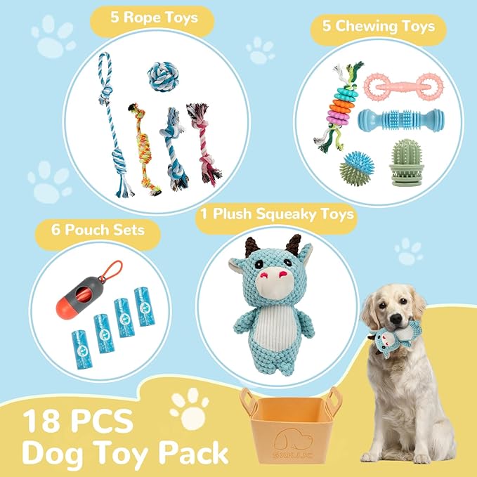 Dog Chew Toys for Teething,Boredom,Toothbrush,18 Pack Puppy Toys with Rope Toys, Balls and Squeaky Toys for Small/Medium Breeds
