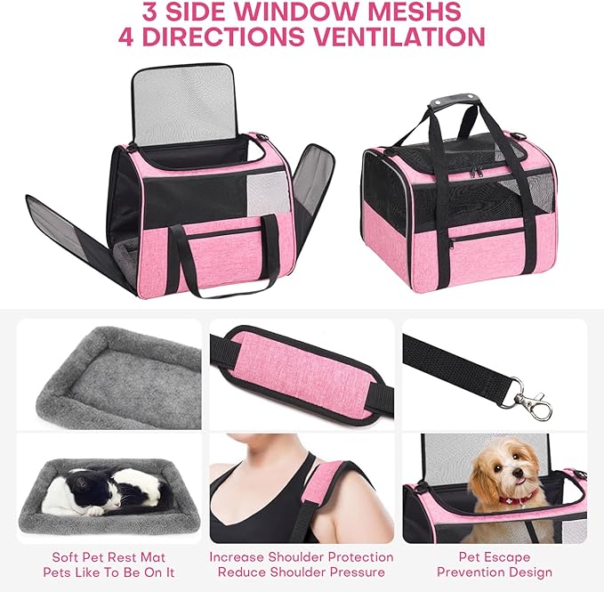 JUNGYOON Large Cat Carrier – Soft-Sided Airline-Approved Pet Carrier Bag with Top Opening, Portable Travel Carrier for Big Cats & Dogs Up to 20lbs – Safety Zippers, Collapsible Bowl,Pink