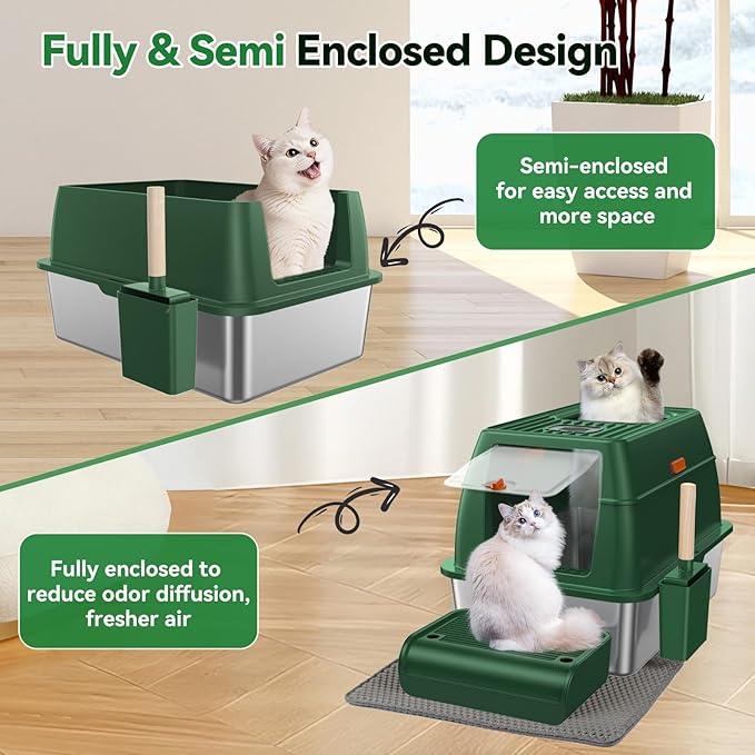 Stainless Steel Litter Box with Lid, Cat Litter Box Enclosure XL Odor-Proof with Litter Mat, Covered Litter Box Rust-Resistant Durable for Big Cat, Easy Clean 37L Capacity (Green)