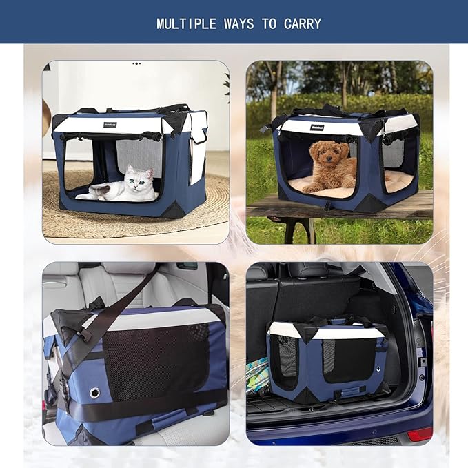 Large Cat Carrier, Collapsible Dog Travel Crate Portable Soft-Sided Pet Carrier with Super Soft Warm Plush Mat for Indoor and Outdoor 24x16x16in,Navy Blue