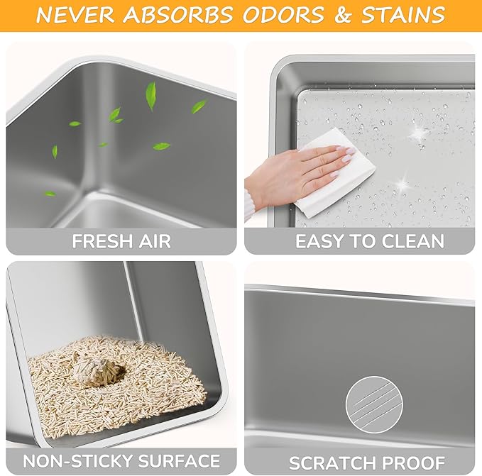 Stainless Steel cat Litter Box, Covered Metal Litter Box, cat Litter Pans with high Sides, Kitty Litter Boxes for Indoor Cats (Non Sticky, Easy to Clean, Anti-Urine Leakage) 17.5" L x 13.5" W x 6" H