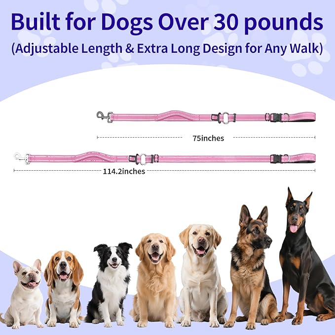 Hands-Free Dog Leash with Adjustable Length 6-9FT + Dual Padded Handles Reflective Safety for Walking, Jogging & Training | Suitable for Medium to Large Dogs & Puppies Pink-L