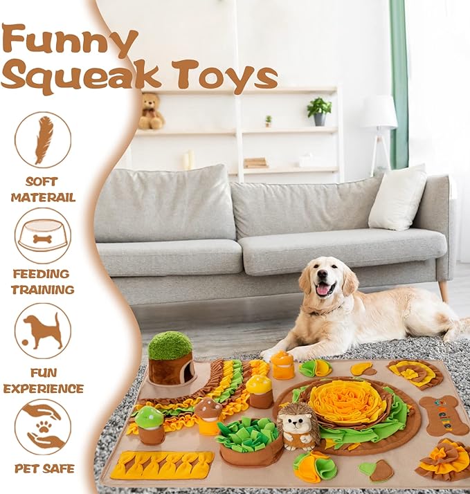Large Snuffle Mat for Dogs 40'' x 27.5'' Sniff Mat with Hedgehog Puzzle Toy Squeaky Mushrooms Interactive Toys Portable Feeding Mat for Foraging Skills