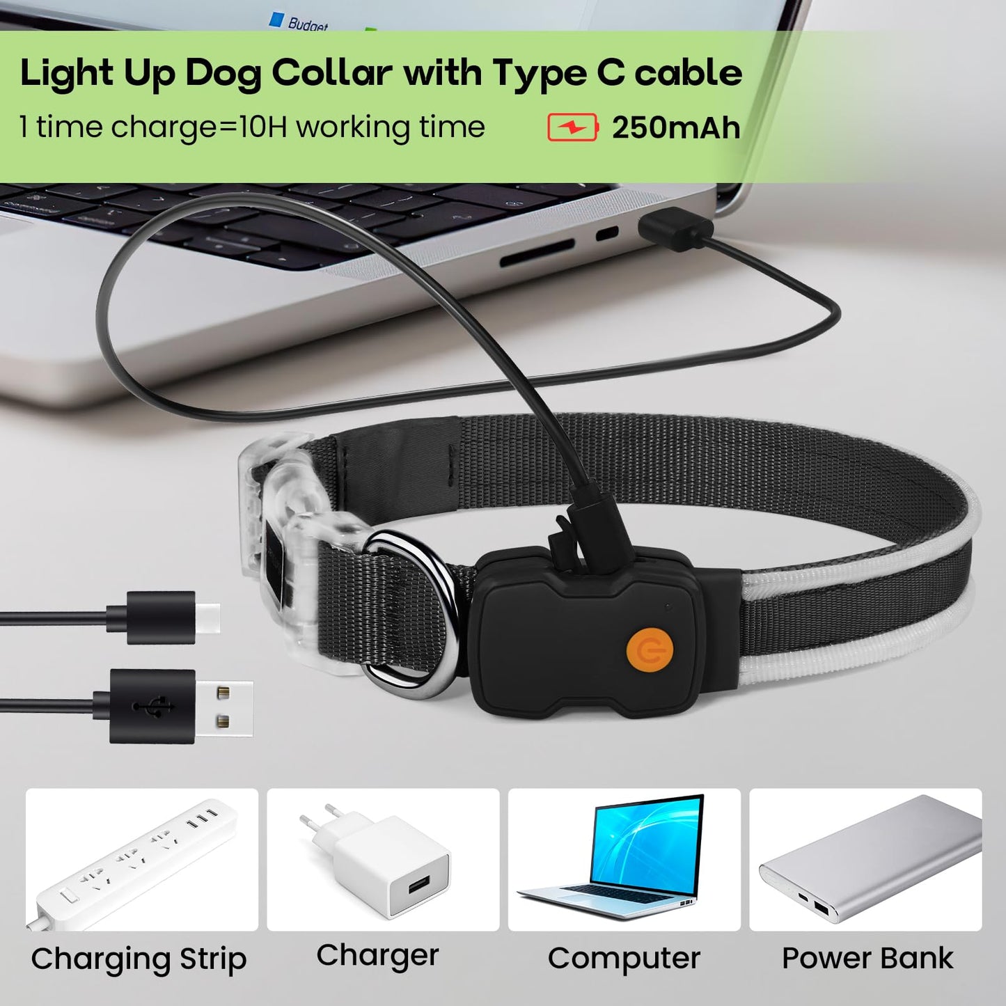 PcEoTllar Light up Dog Collars Rechargeable, LED Dog Collar Night Walking, Waterproof Flashing Glow in The Dark Dog Collars, Adjustable Dog Lights for Large Small Medium Dogs Green-m
