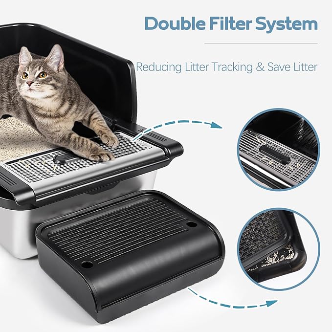 Stainless Steel Litter Box XXL, Extra Large 23.6“L x 15.8”W x 11.8" H High Sided Metal Cat Litter Box with One-Piece Scoop, Filter Pedal, Garbage Bags & Storage Box, Easy Cleaning (Black)
