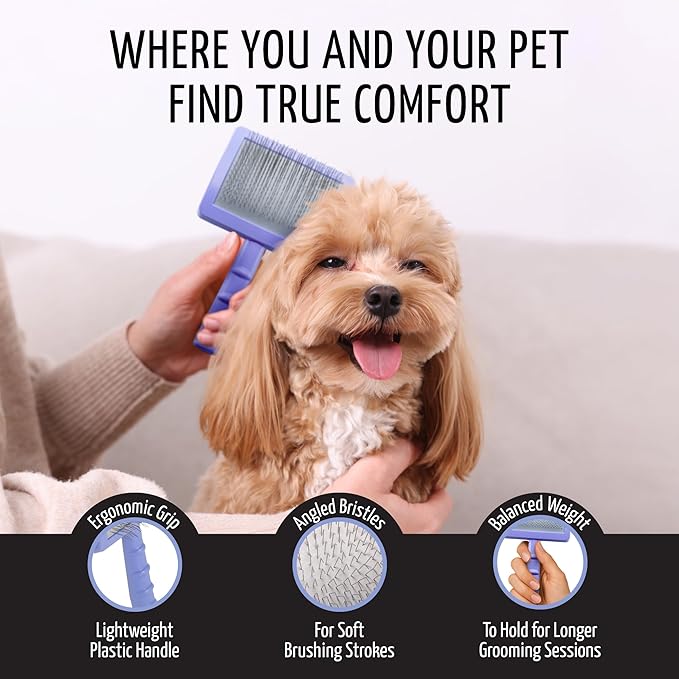 Tauro Pro Line Plastic Long & Short Hair Slicker Dog Brush for Deshedding & Detangling - Purple Slicker Brush for Dog & Cat Grooming - 0.79″ Pins, Flexible Cushion & Non-Slip Grip