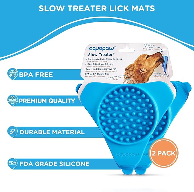 Aquapaw Lick Mat for Dogs - 2-Pack, Regular, Blue - Suction Cup Lick Mat & Slow Feeder Pad for Peanut Butter Dog Treats - Calming Bathing Aid