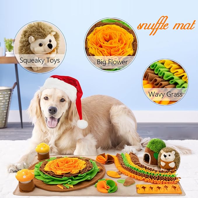 Pet Snuffle Mat for Dogs Hedgehog Puzzle Toy Large Sniffing Mat with Squeaky Mushrooms Portable Indoor/Outdoor Digging Mat for Foraging Skills & Stress Relief