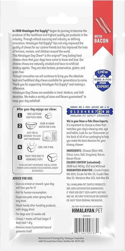 Himalayan Chew Premium Yak Cheese Himalayan Chews, Bacon, 1 Large Treat, 3.3 oz, Treats Large Breed, All Natural, Long Lasting Chews for Aggressive Chewers, s Under 55 lbs