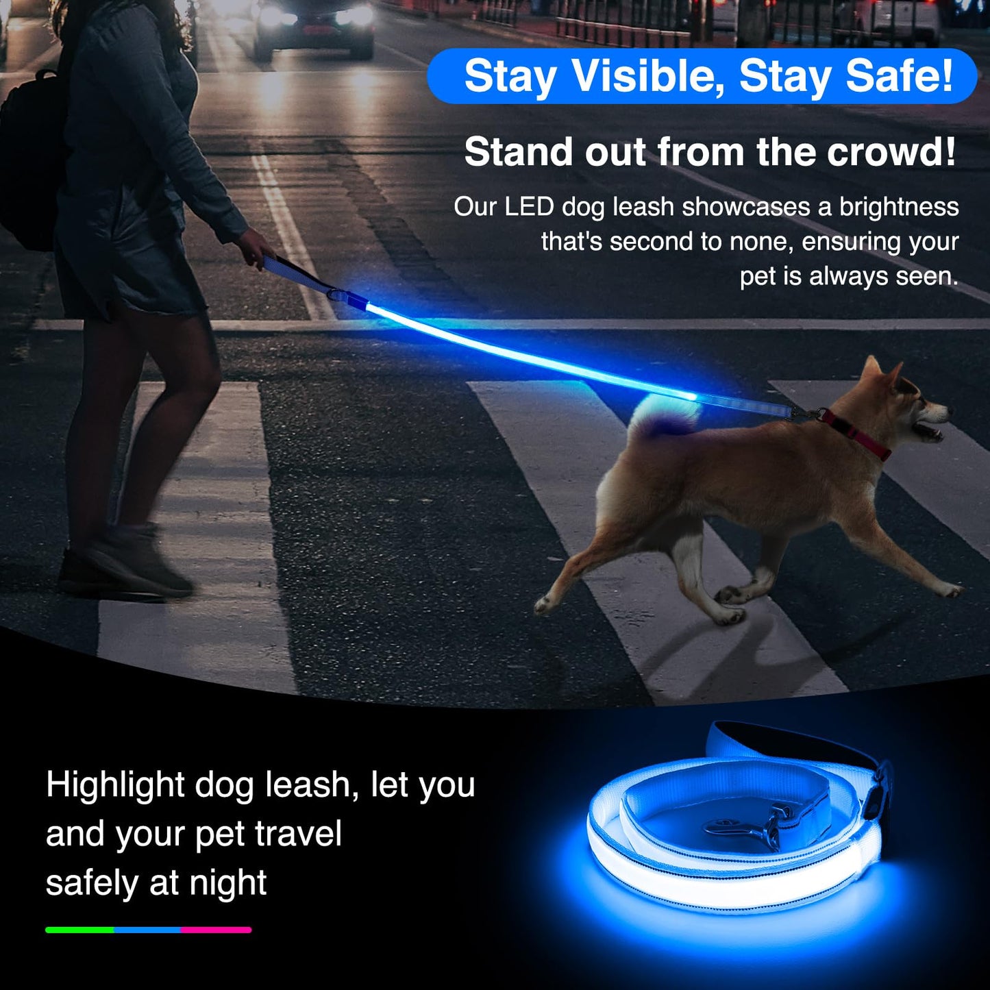 PZRLit LED Light Up Dog Leash - 4 Ft USB Rechargeable Reflective Nylon Leash with Padded Handle - Flashing Luminous Glow Leashes for Large Medium Pets Night Safety Walking-Blue
