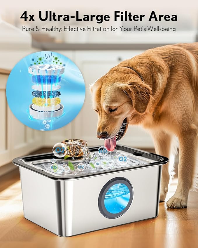 Large Dog Water Fountain Stainless Steel, 12L Pet Drinking Dispenser with Visual Window, Extra Big Cat Fountains Bowl with Filters, Widely Drinking Area,Ultra-Quiet Pump