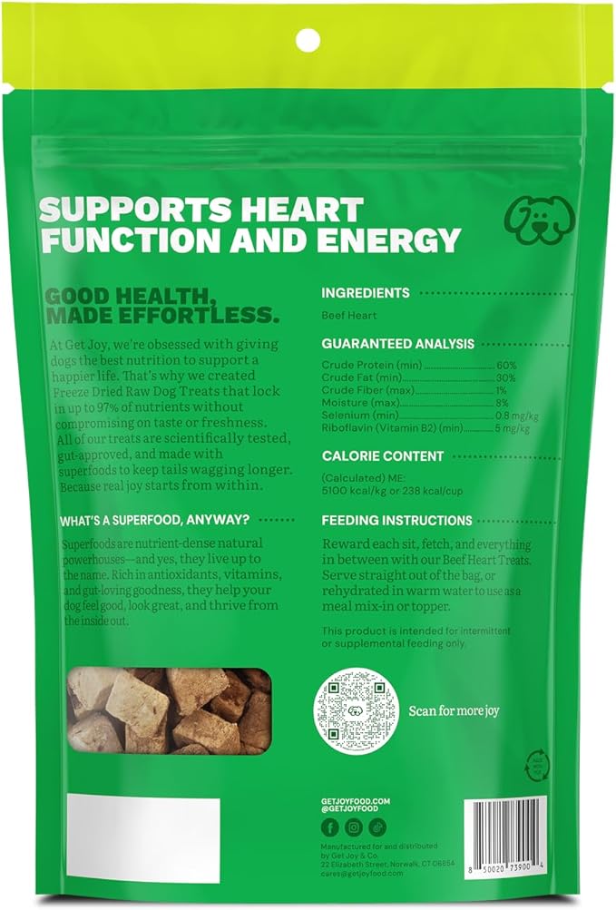 Get Joy Freeze Dried Superfood 100% Beef Heart Dog Treats, 4 Ounce Bag, Single Ingredient Organ Meat, High Protein, Heart Health, Energy, Muscle Repair, Grain Free & Gluten Free, Made in USA
