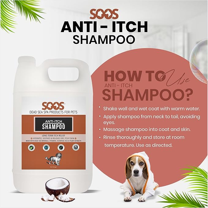 Soos Pet Shampoo Anti-Itch Natural Dead Sea Minerals Cat and Dog Shampoo with Vitamins Essential Oils Natural Ingredients Soothes Itching Clean Fur - 1x Pets Shampoo (4L)