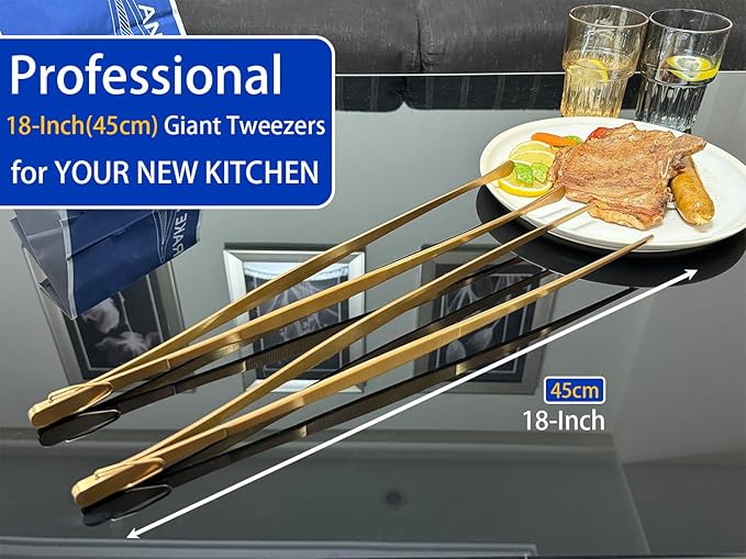 JETKONG 2 Pcs 18 Inch (45cm) Stainless Steel Grill Tongs Heavy Duty Giant Tweezer Tongs, Extra Large Tweezers Tools for Cooking, Grilling, BBQ and Turning Food (Rose Gold)