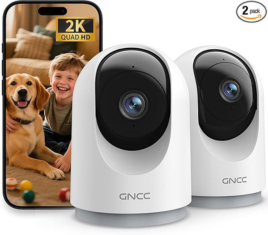 GNCC 2K Cameras for Home Security-Indoor Pan/Tilt Cameras for Baby Monitor/Pet Camera with Phone App, Night Vision, Motion Detection, 2-Way Audio, 24/7 SD Recordings, 2.4Ghz WiFi (2Pack)