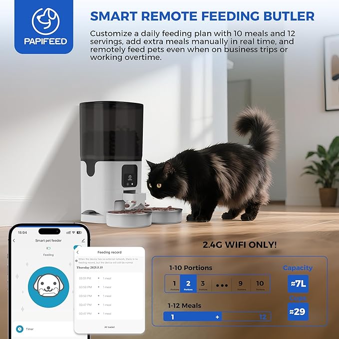 PAPIFEED 7L Automatic Cat Feeders for 2 Cats - 2.4G WiFi Timed Auto Feeder with APP Control, Cat Food Dispenser with Alexa for Multiple Cats, Detachable for Easy Clean, 1-10 Meals Per Day - White