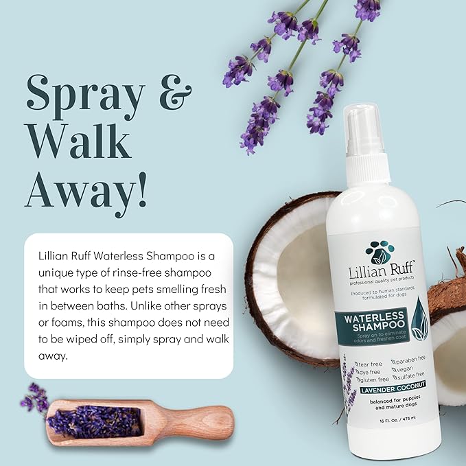 Lillian Ruff Waterless No-Rinse Dog Dry Shampoo Spray with Hydrating Essential Oils - pH-Balanced Dry Shampoo for Dogs - Clean, Condition, Detangle & Deodorize Dry, Sensitive Skin (Lavender Coconut)