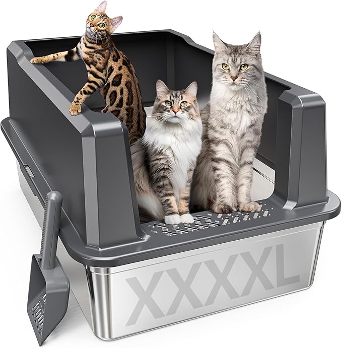 XXXL Stainless Steel Cat Litter Box with High Sides, 28" L x 20" W x 14" H Extra Large Litter Box for Big Cats and Multiple Cats, Enclosure Cat Litter Pan with Anti-Urine Leakage, Easy Clean
