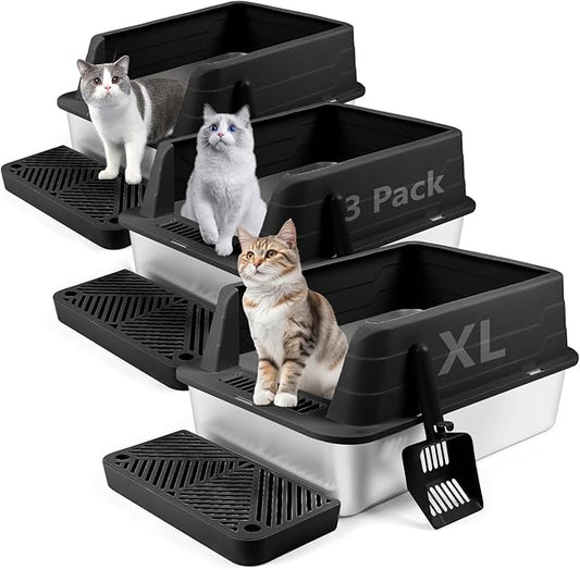 3 Pack Stainless Steel Litter Box, XL 22.9” x 15” x 10.3” High Sided Metal Cat Litter Tray with Scoop, Filter Pedal for Anti-Splash, Non-Sticky, Easy to Clean (Black)
