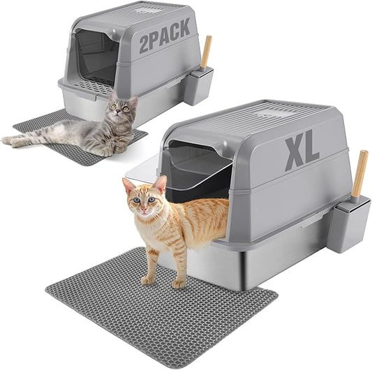 2 Pack TIPOOP XL Stainless Steel Enclosed High Sided Cat Litter Box with Lid, 24'' L × 16'' W × 17'' H - Odor Control & Easy Cleaning,Non-Sticky, Include Litter Scoop,Grey